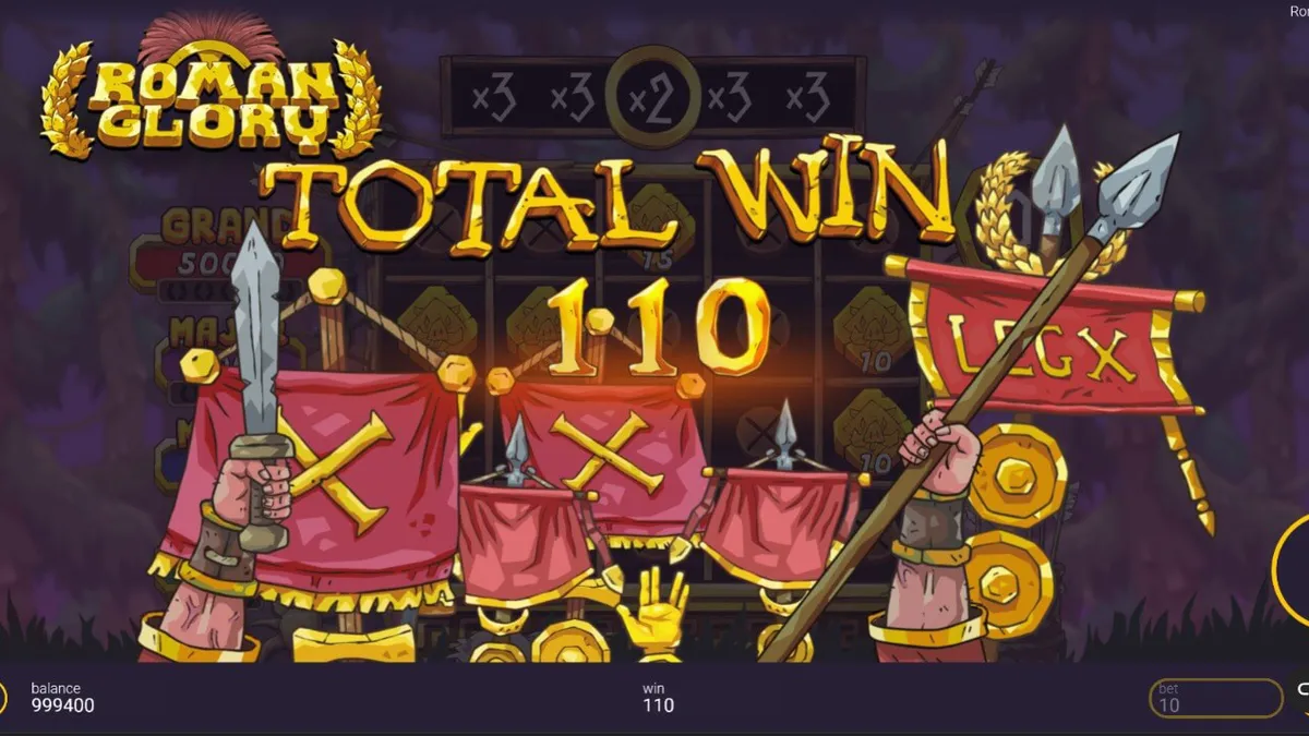 Tampilan visual slot Roman Glory dengan latar belakang hutan dan simbol gladiator.