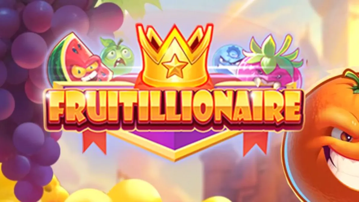 Tampilan visual slot Fruitillionaire dengan karakter buah yang marah dan latar belakang kerajaan emas.